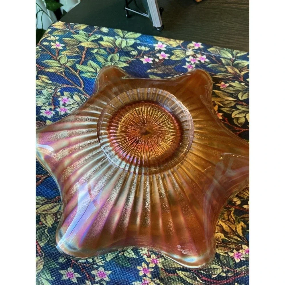 Antique FENTON Stippled Rays Amethyst Carnival Round Crimped Bowl‎ 8